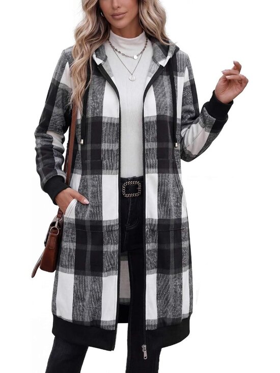 Tops - Women's Black White Plaid Longline Fleece Hoodie Full Zip Oversized Duster